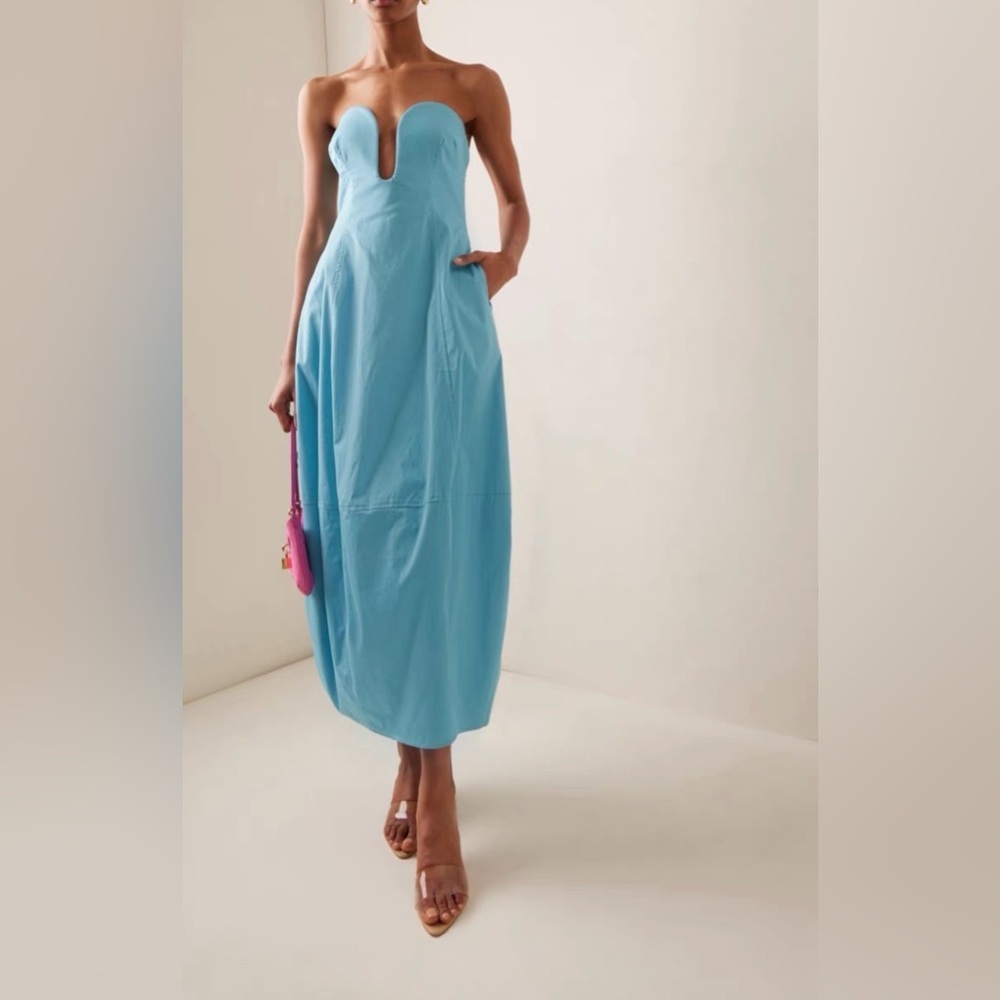 cult gaia Strapless Turquoise Blue Plunge Midi Dress - Picture 3 of 9